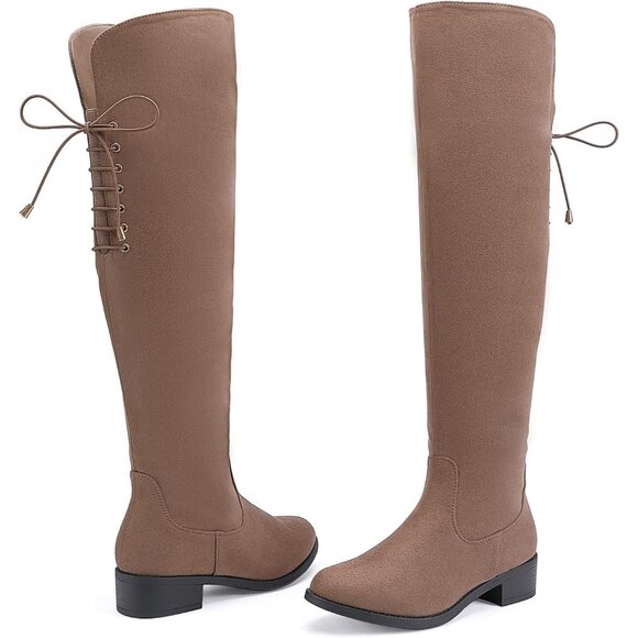 Women's Taupe Faux Suede Over The Knee High Side Zip Block Heel Riding Booties - Picture 5 of 5